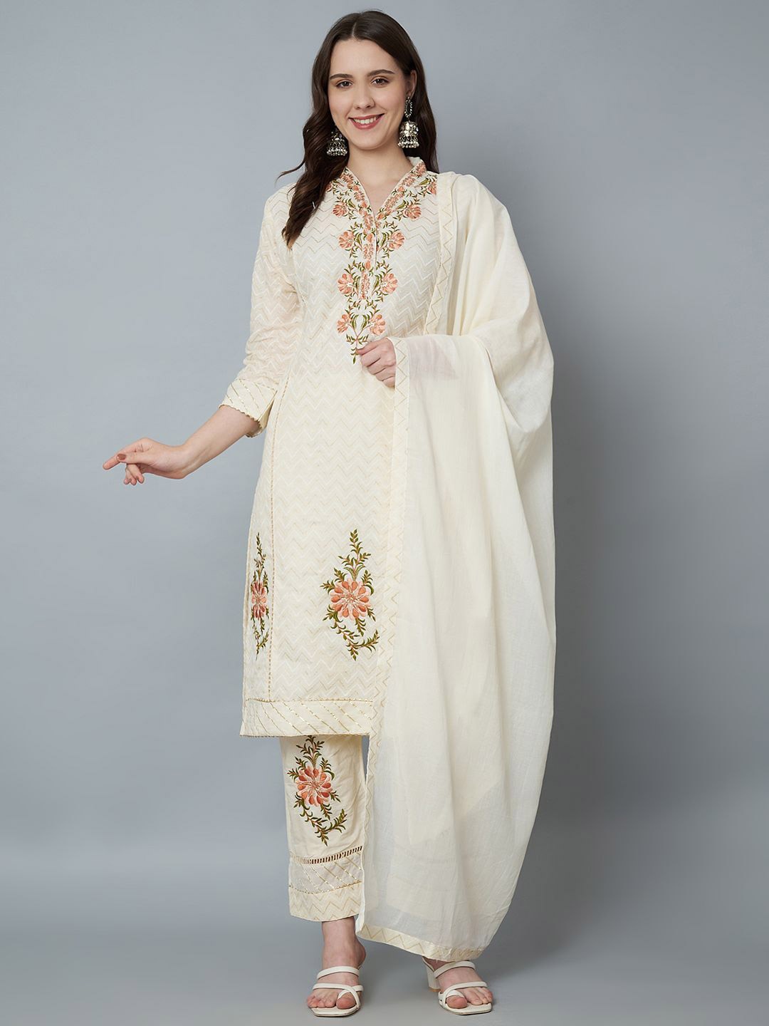 

Trend Level Embroidered Regular Thread Work Kurta With Trousers & Dupatta, Off white