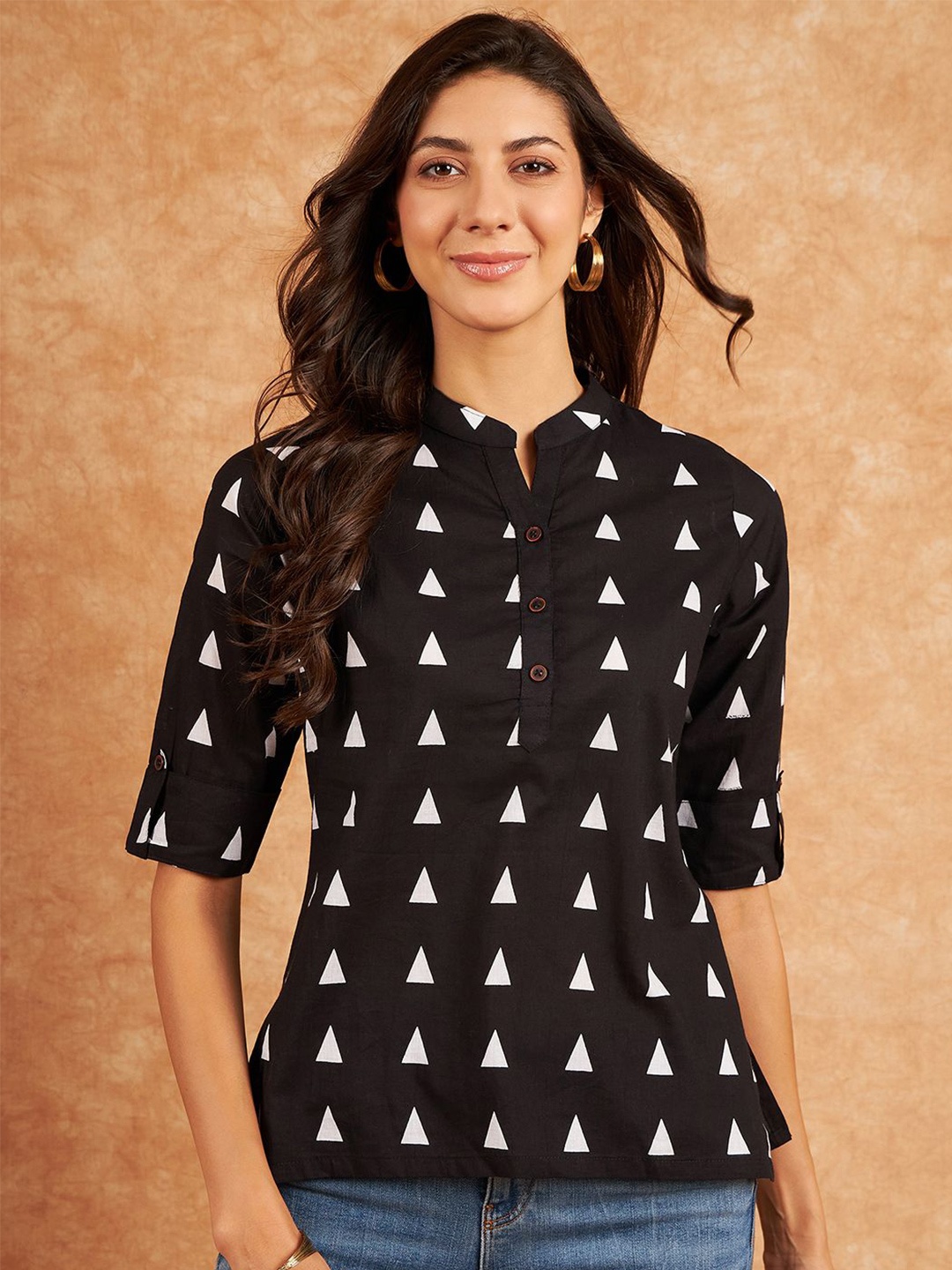 

Modeve Geometric Printed Mandarin Collar Cotton Shirt Style Top, Black