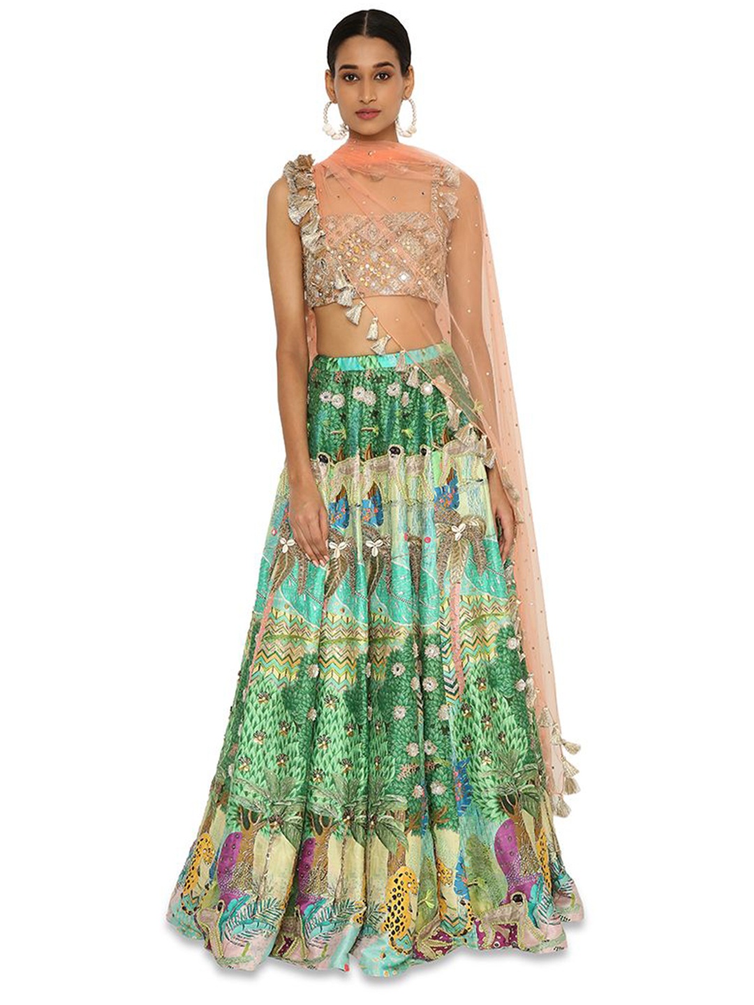 

Payal Singhal Embellished Mirror Work Dupion Ready to Wear Lehenga & Blouse With Dupatta, Peach