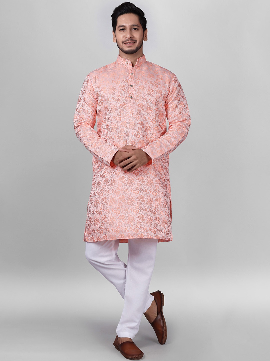 

amzira Men Floral Regular Kurta with Pyjamas, Peach