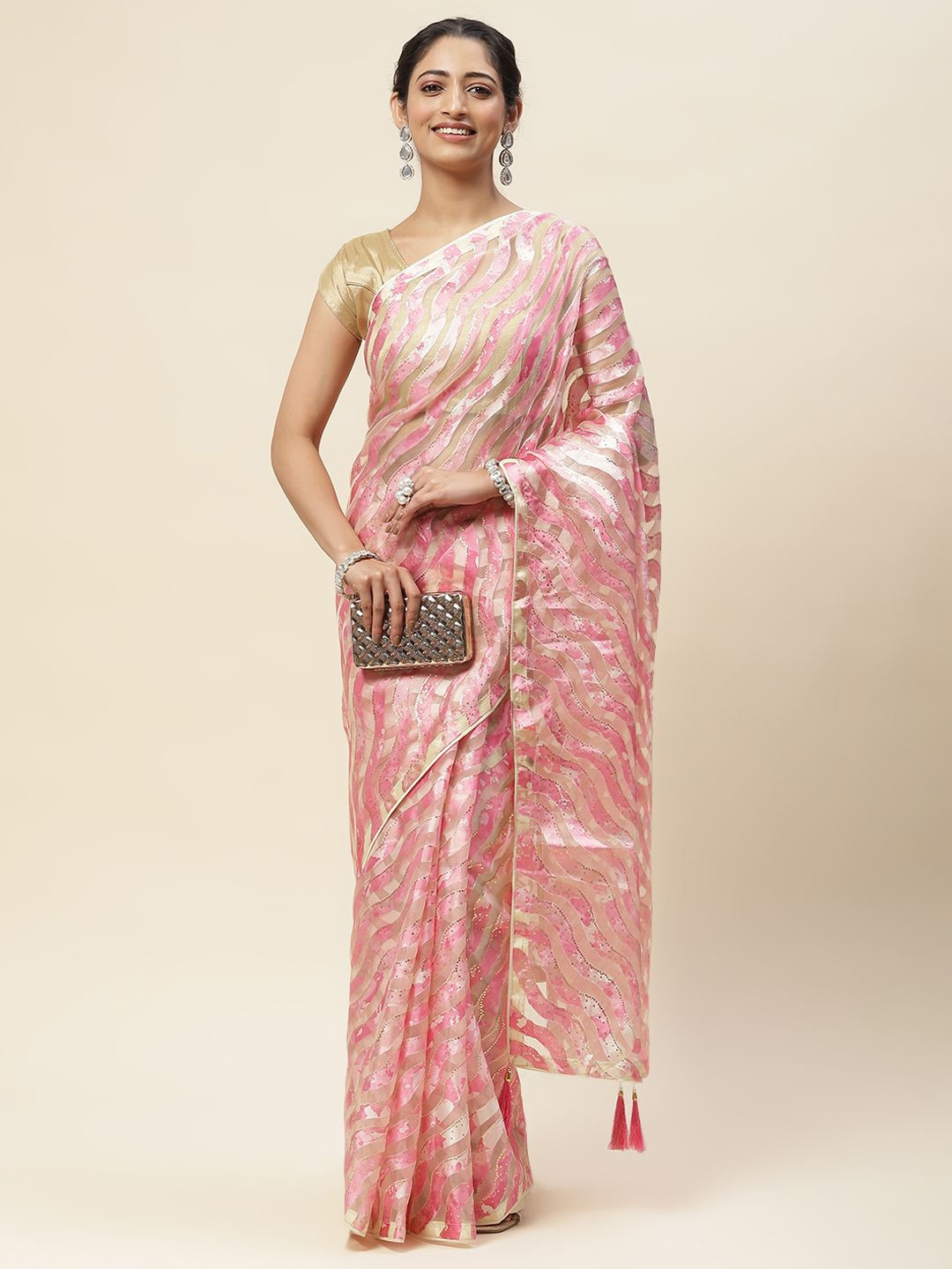 

Meena Bazaar Geometric Embellished Organza Saree, Pink
