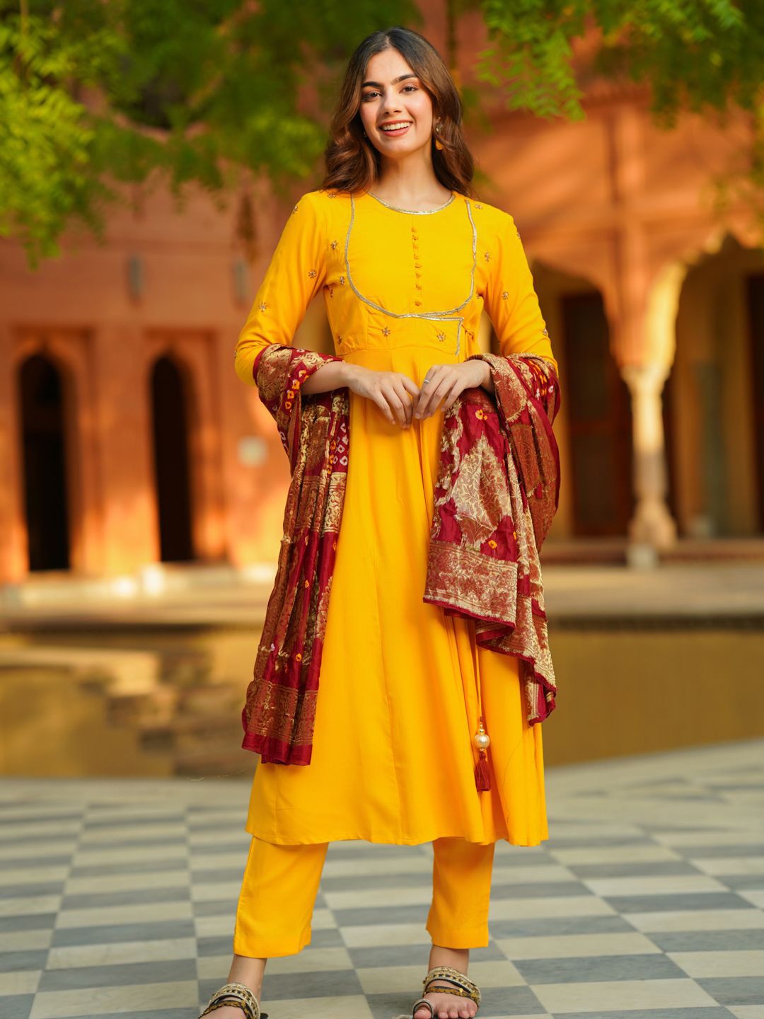 

Ambraee Floral Yoke Design Angrakha A-Line Kurta With Trousers & Dupatta, Yellow