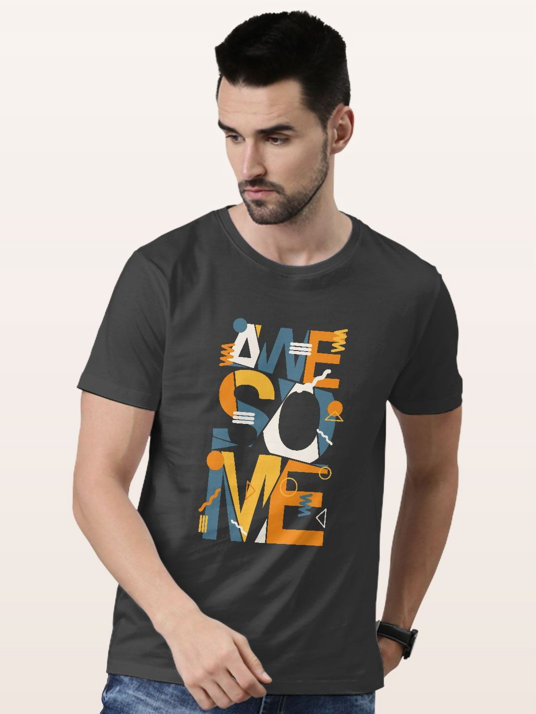 

macmerise Men Printed Applique T-shirt, Grey