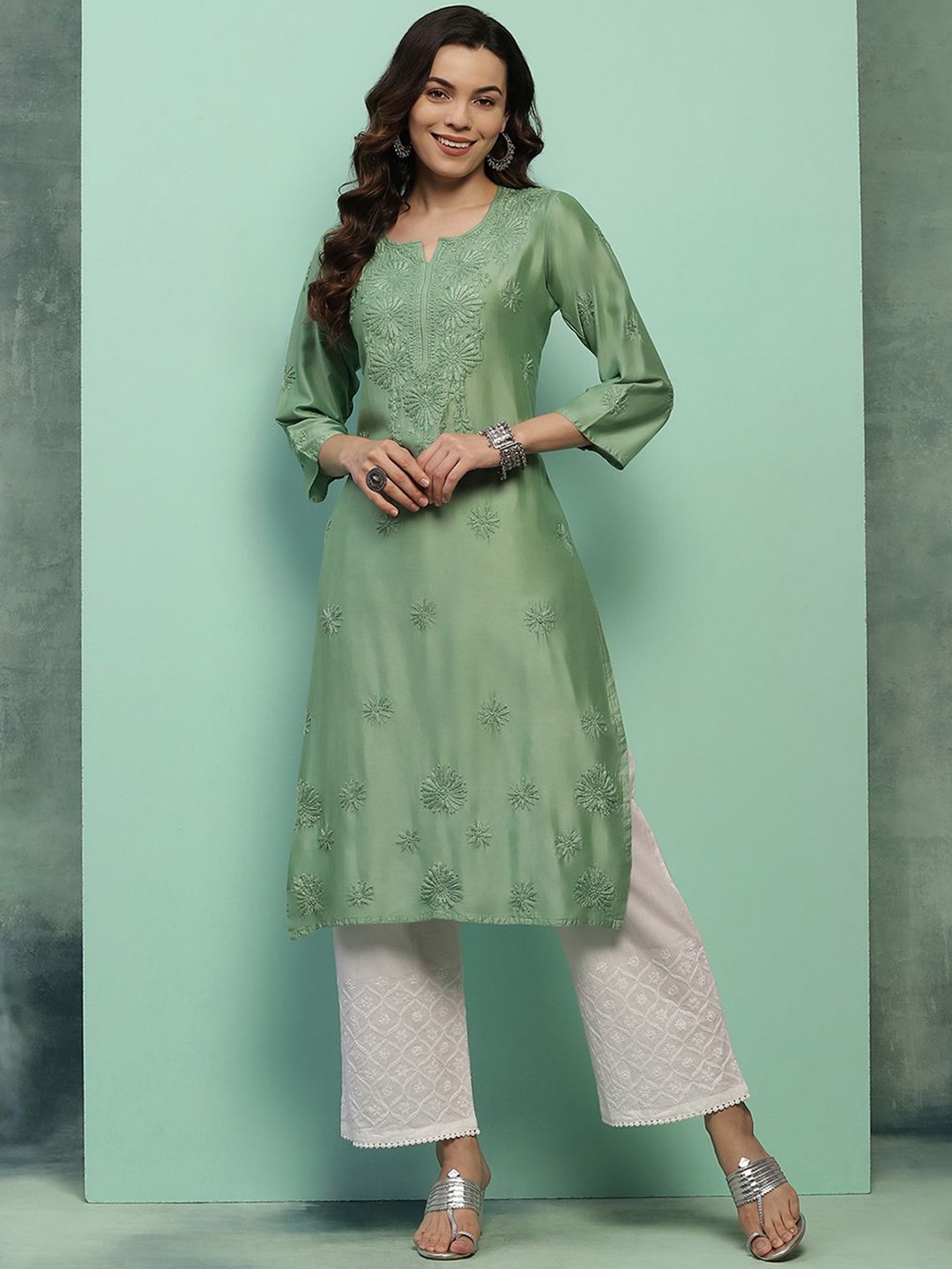 

House of Chikankari Floral Embroidered Chikankari Kurta, Green