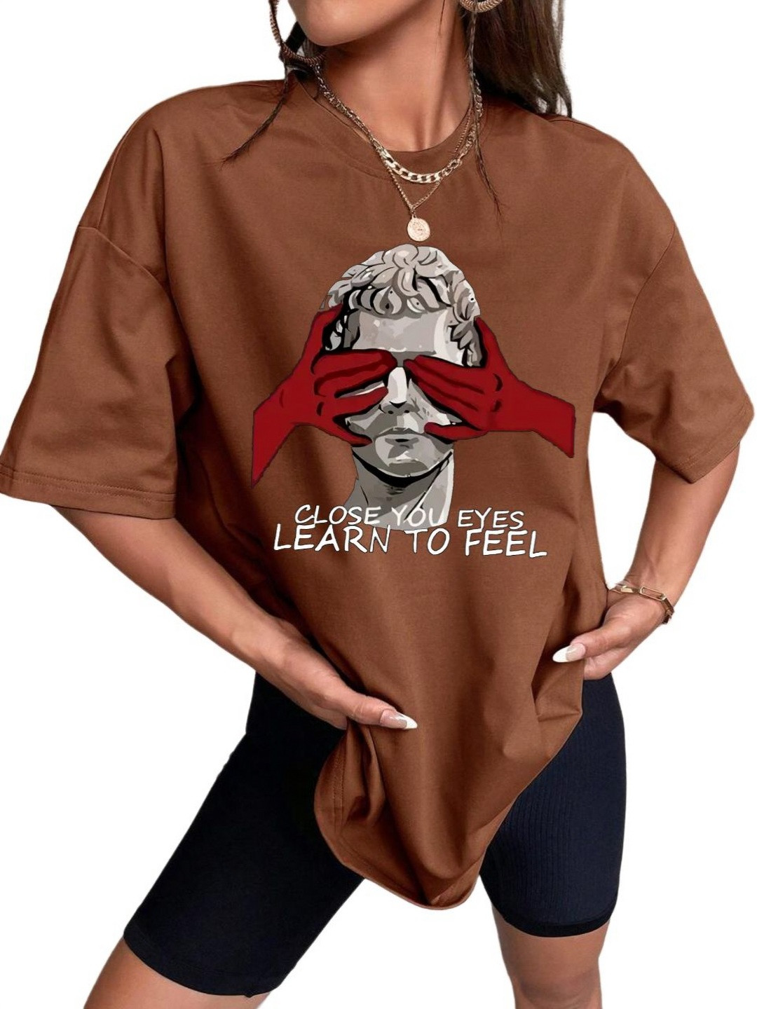 

TABADTOD Women Graphic Printed Drop Shoulder Sleeves Oversized T-shirt, Brown