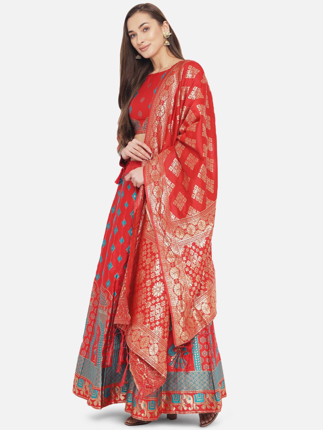 

MAGMINA Woven Design Jacquard Semi-Stitched Lehenga & Unstitched Blouse With Dupatta, Red