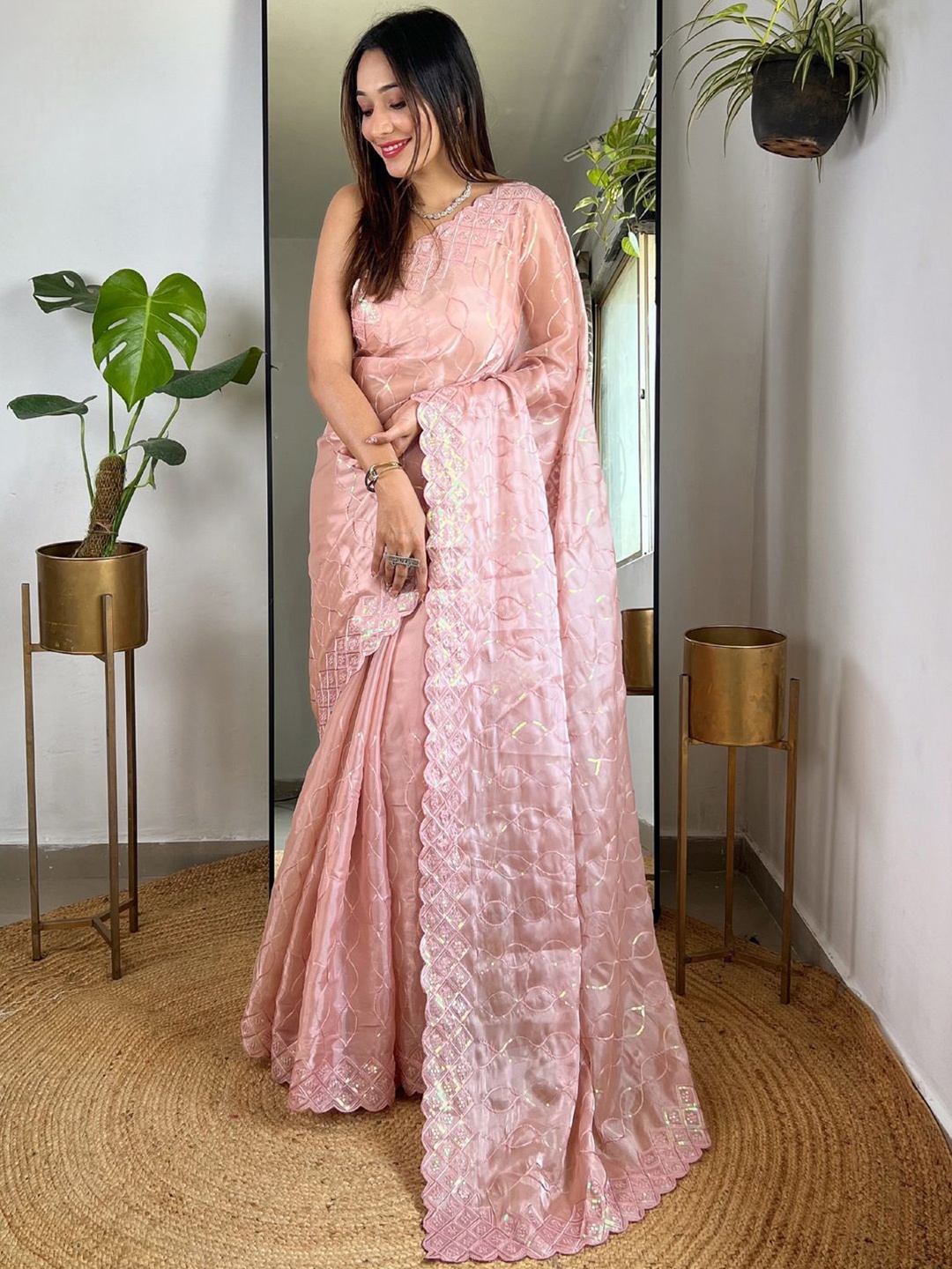 

Mitera Embellished Sequinned Saree, Peach