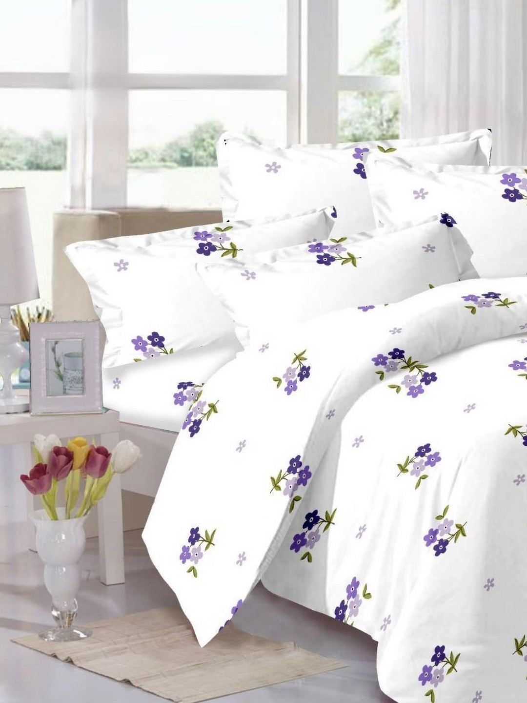 

Signature White & Purple 4 Pieces Floral Printed Pure Cotton Double Queen Fine Bedding Set