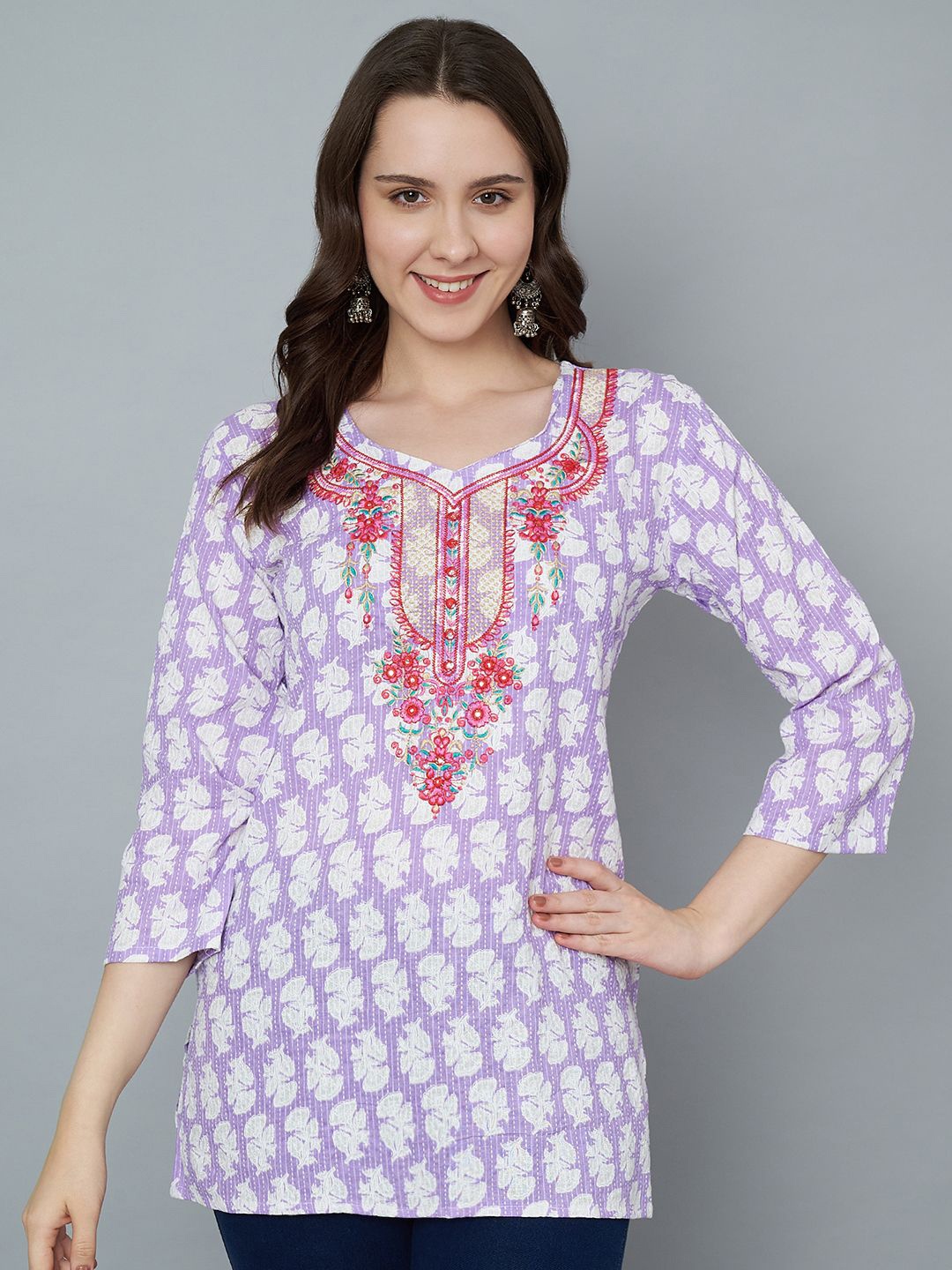 

Trend Level Floral Embroidered Thread Work Thread Work Kurti, Lavender