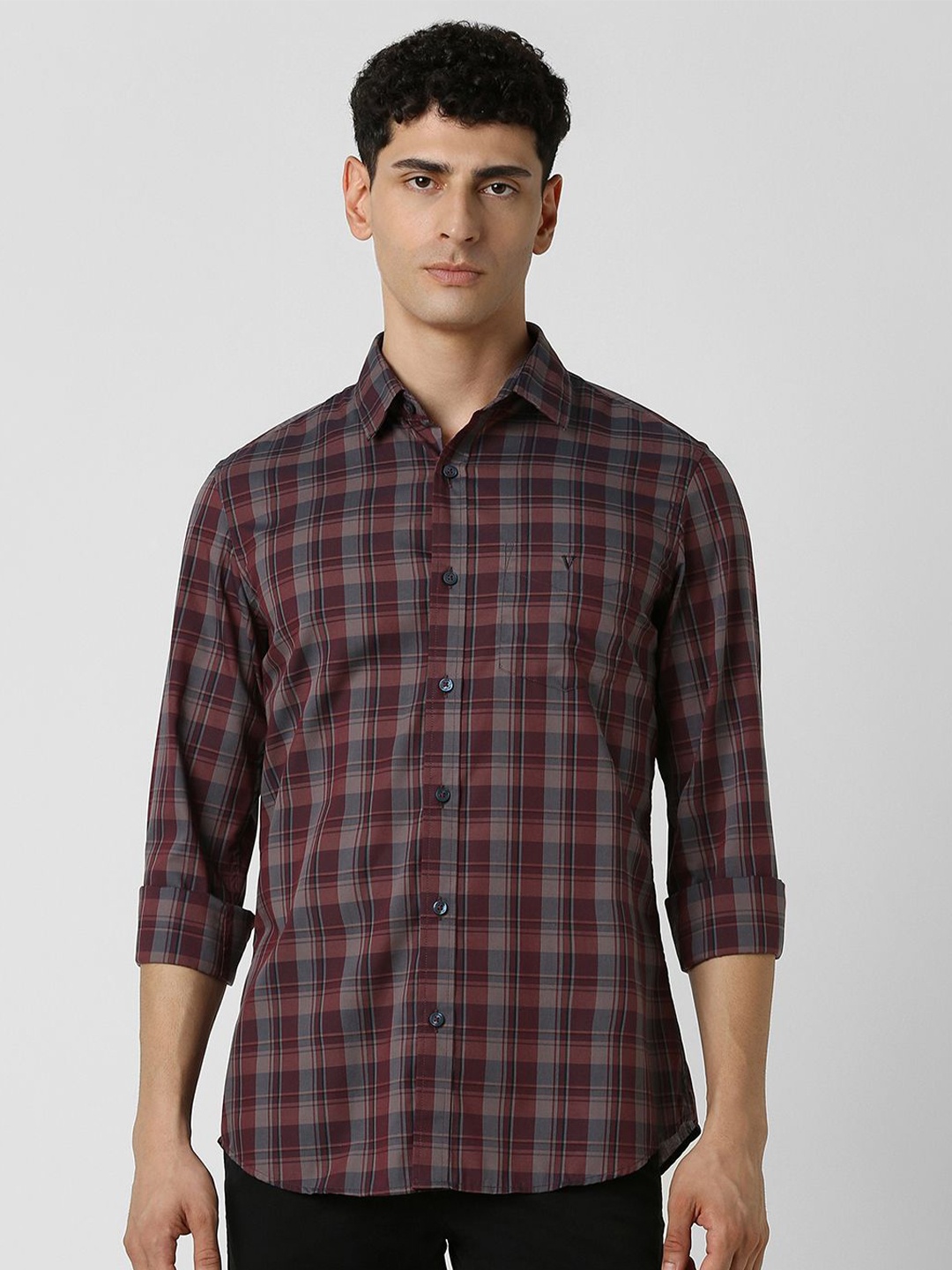 

Van Heusen Sport Men Spread Collar Tartan Checked Cotton Slim Fit Casual Shirt, Maroon