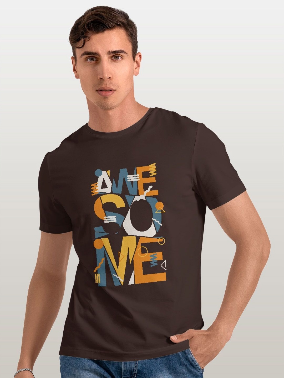 

macmerise Men Typography Printed Applique T-shirt, Brown