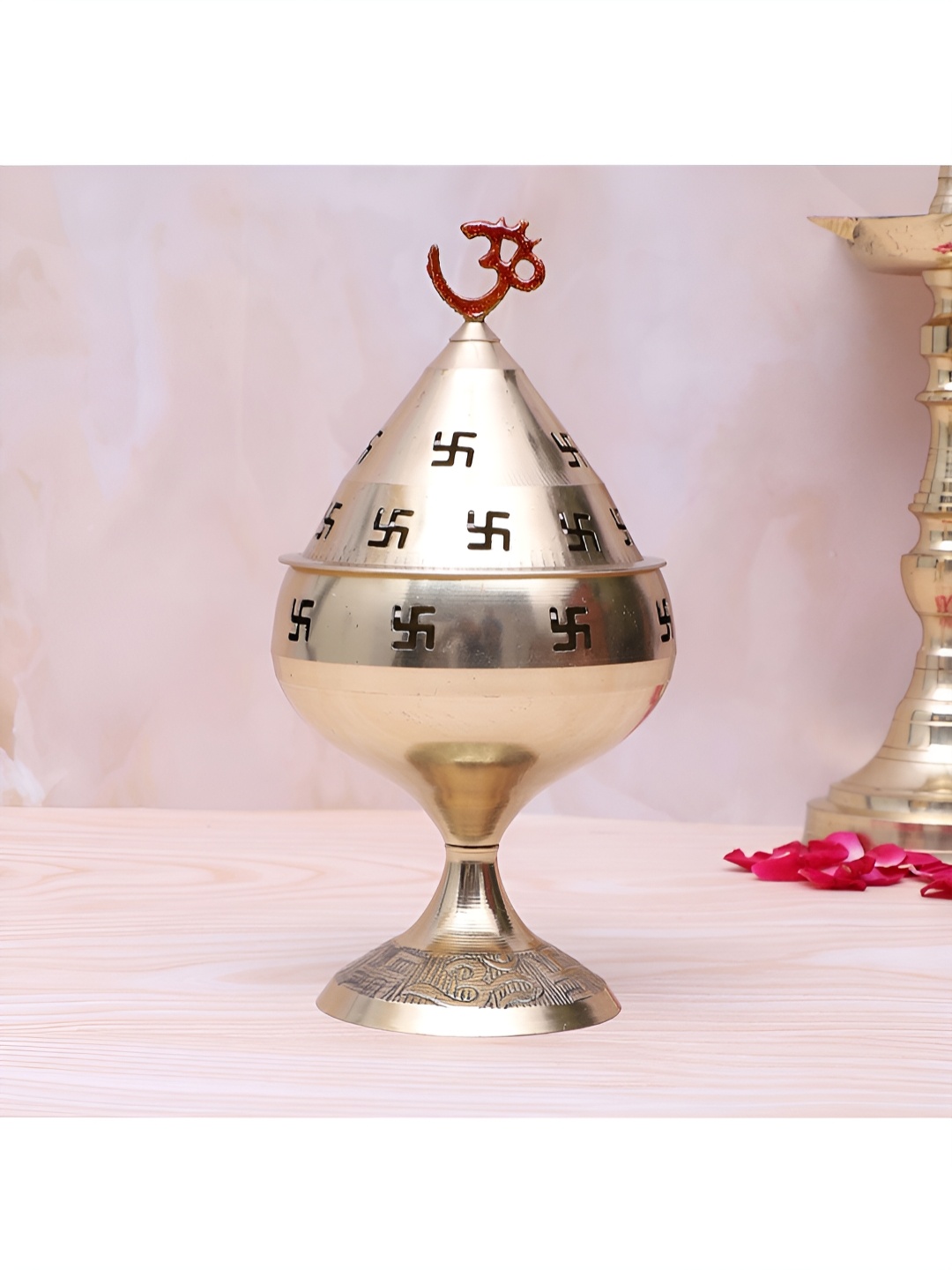 

Two Moustaches Gold Toned Om Over Swastika Design Brass Jyoti Diya