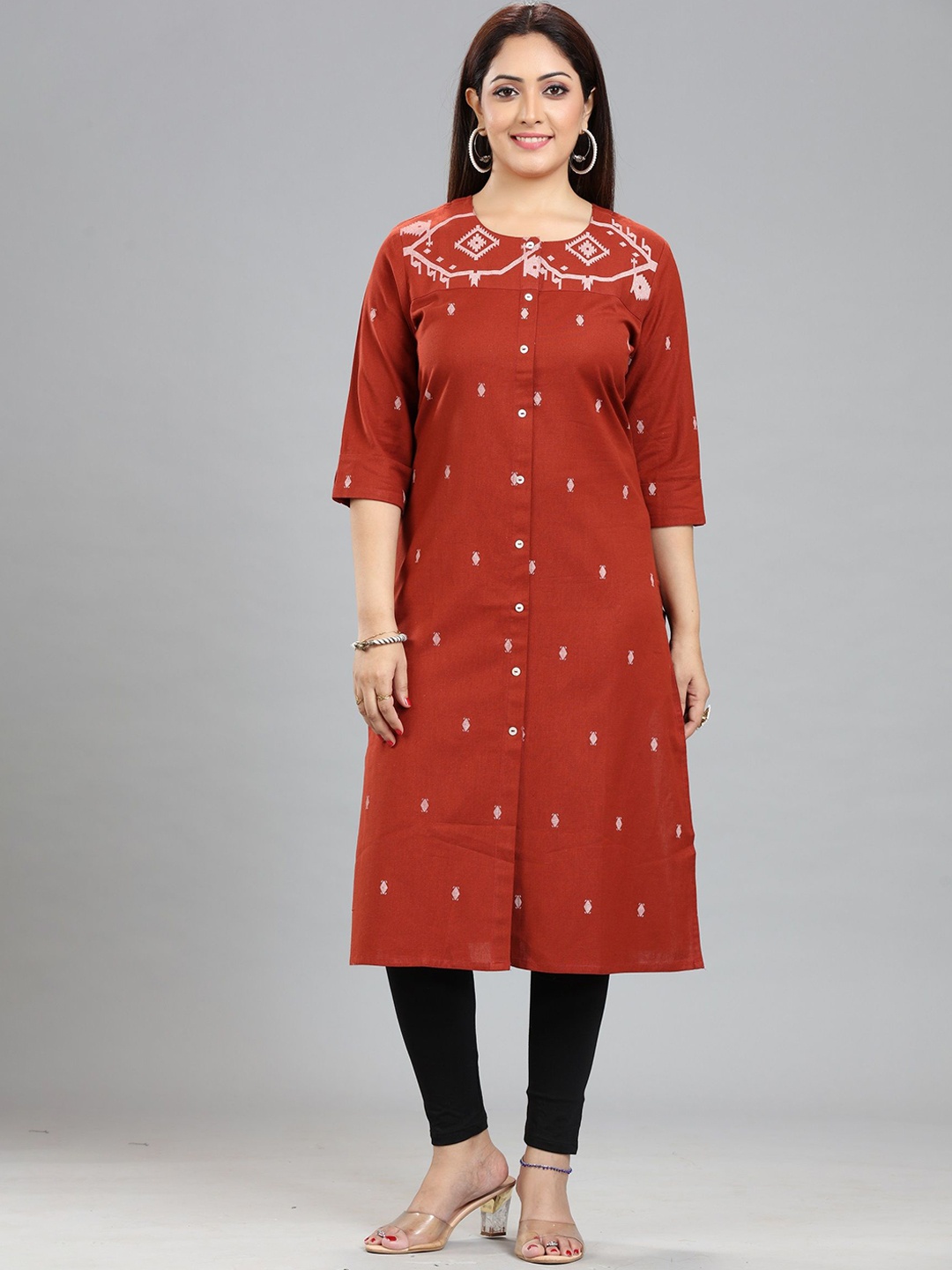 

COTTON CULTURE Geometric Printed Round Neck Cotton Straight Kurta, Rust