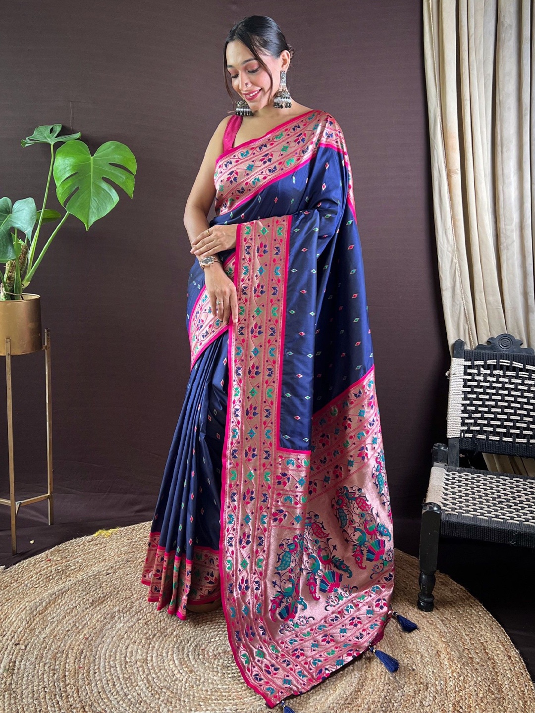 

LeeliPeeri Designer Zari Paithani Saree, Navy blue