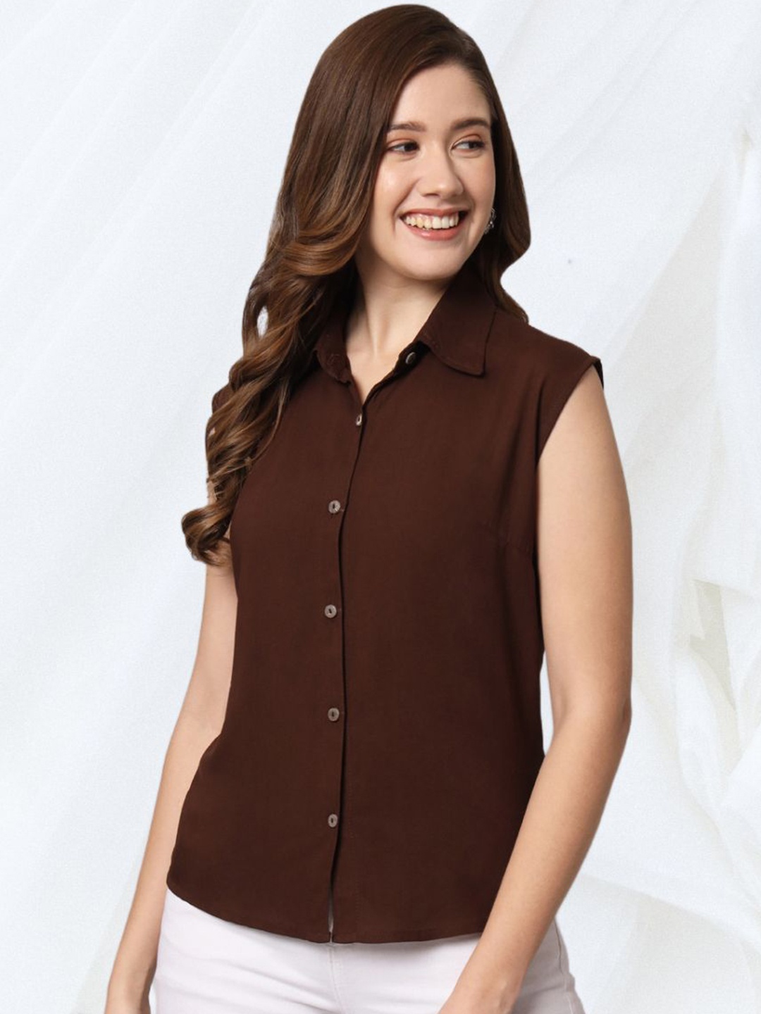 

Funday Fashion Women Spread Collar Solid Cotton Casual Shirt, Coffee brown