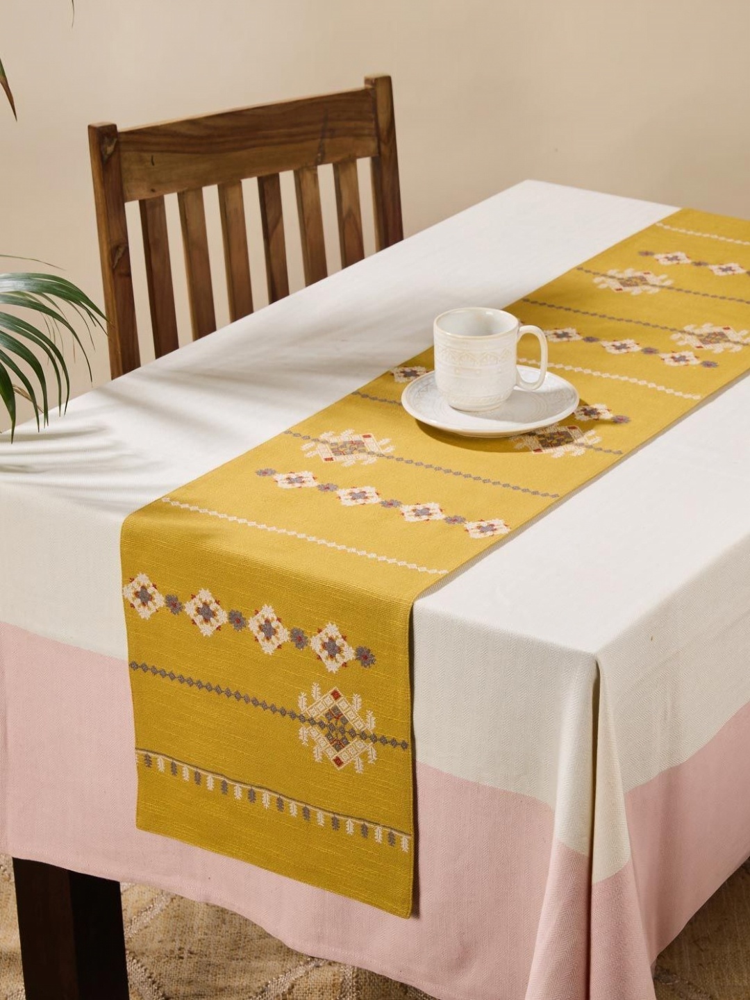 

Fabindia Yellow & Grey Geometric Embroidered Table Runner
