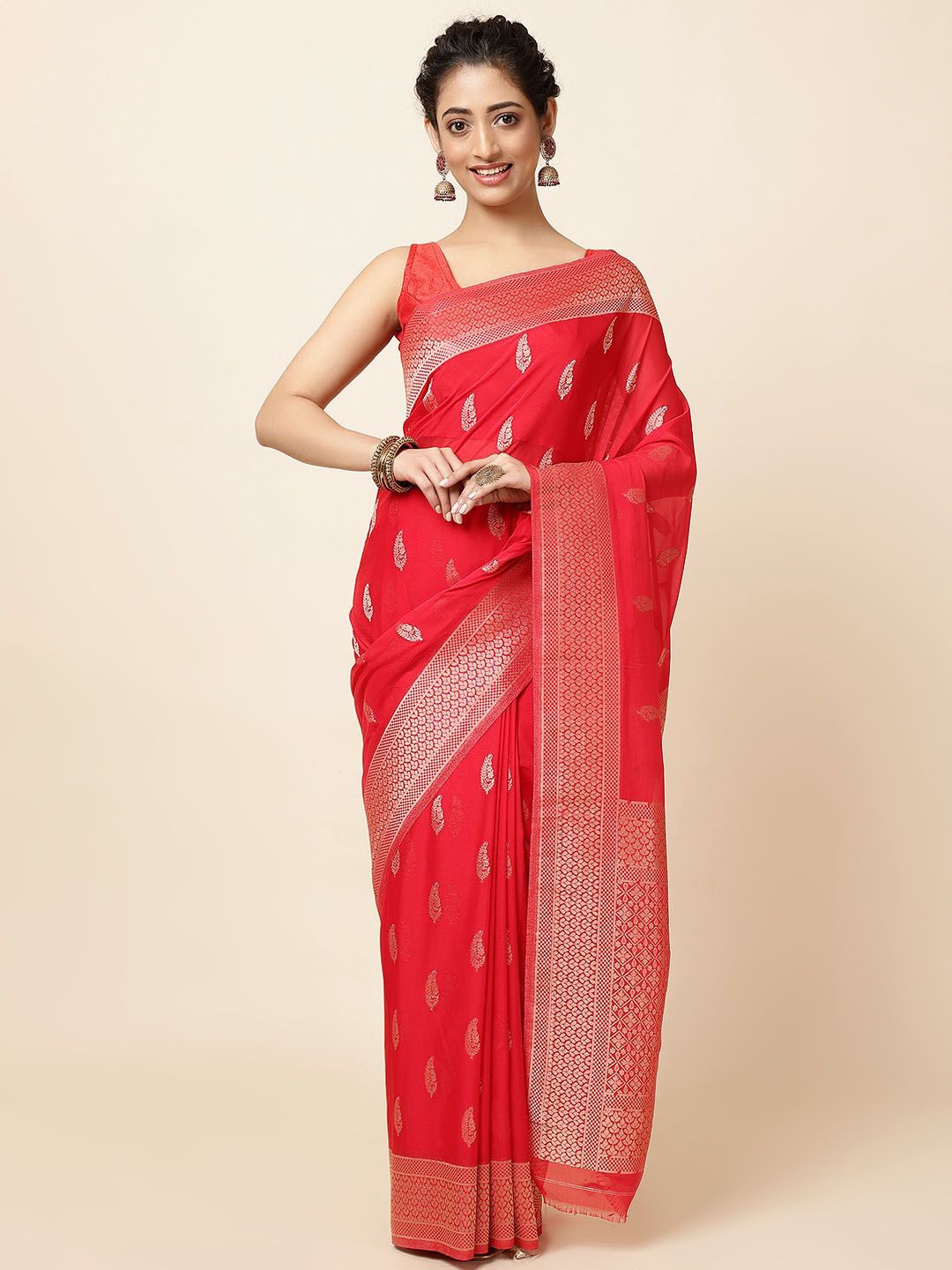 

Meena Bazaar Woven Design Zari Saree, Red