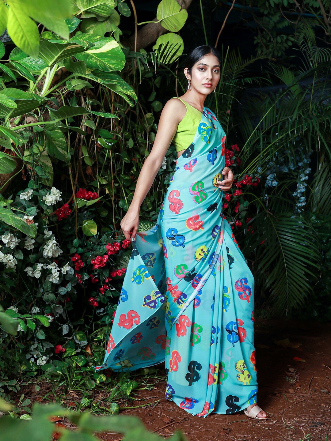 

IZU Pure Georgette Block Print Saree, Blue