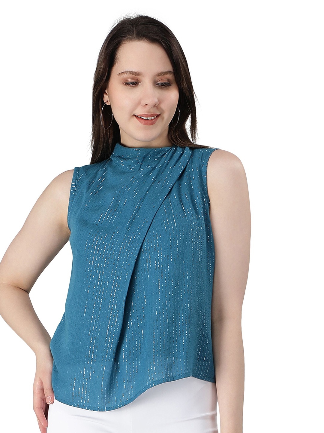 

DRAPE AND DAZZLE Women Embellished Sequined Tie-Up Neck Top, Teal