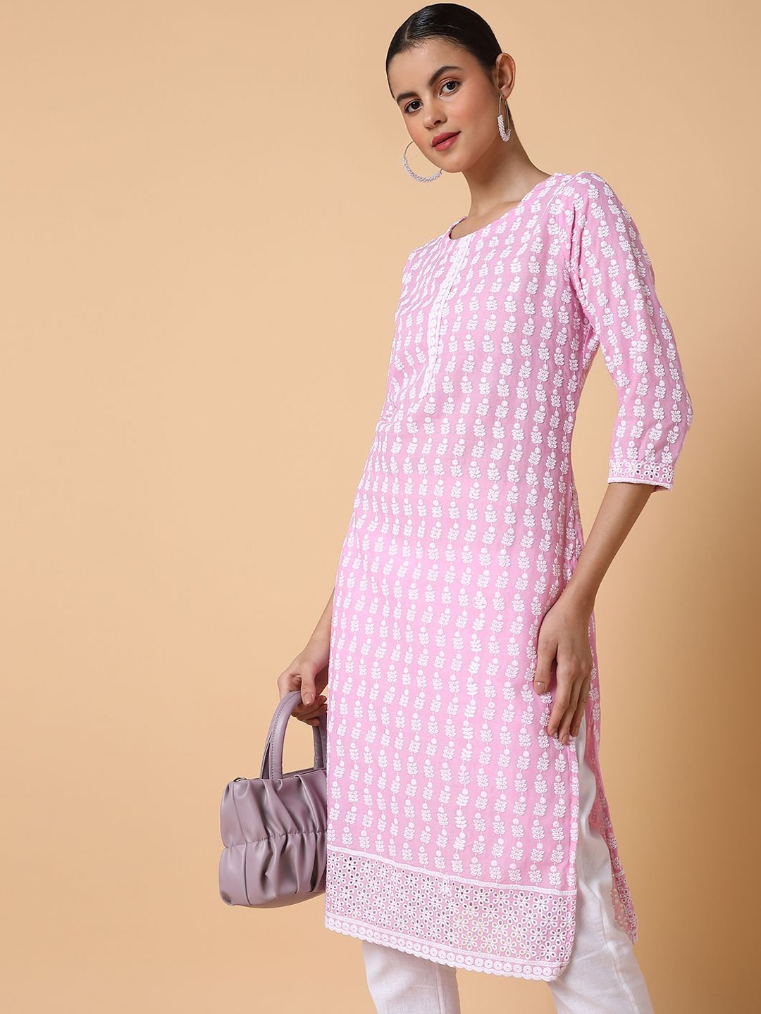 

SHOWOFF Embroidered Chikankari Straight Kurta, Pink