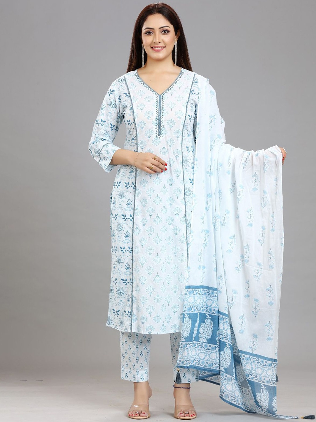 

COTTON CULTURE Floral Printed Panelled Pure Cotton Straight Kurta With Trousers & Dupatta, White