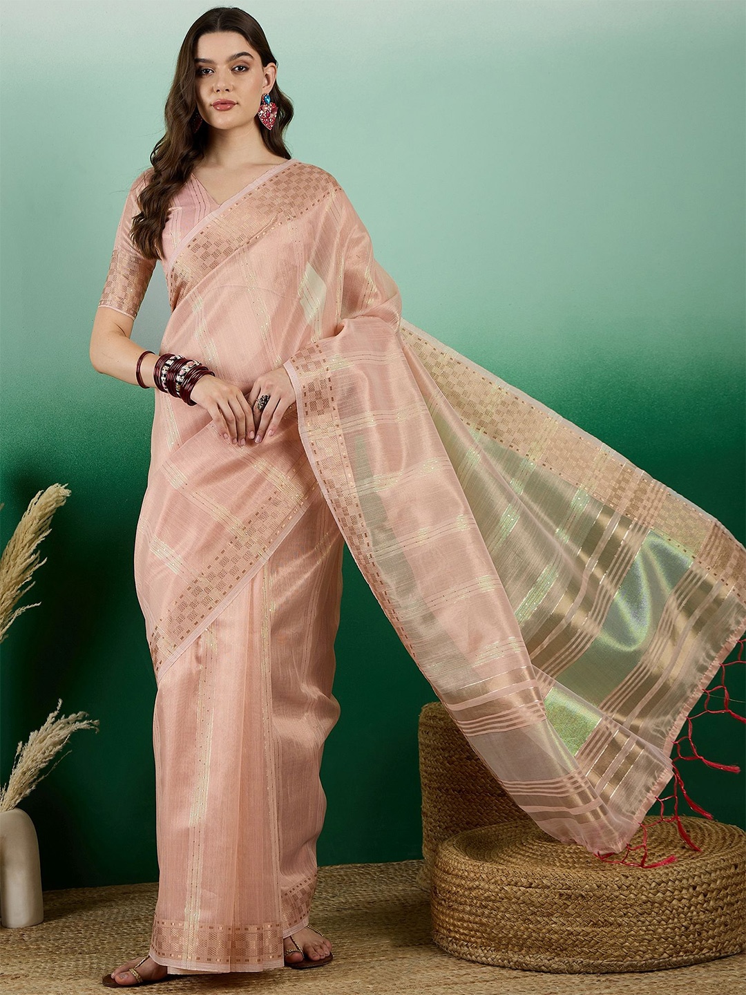 

VIRICA Striped Sequinned Organza Khadi Saree, Peach