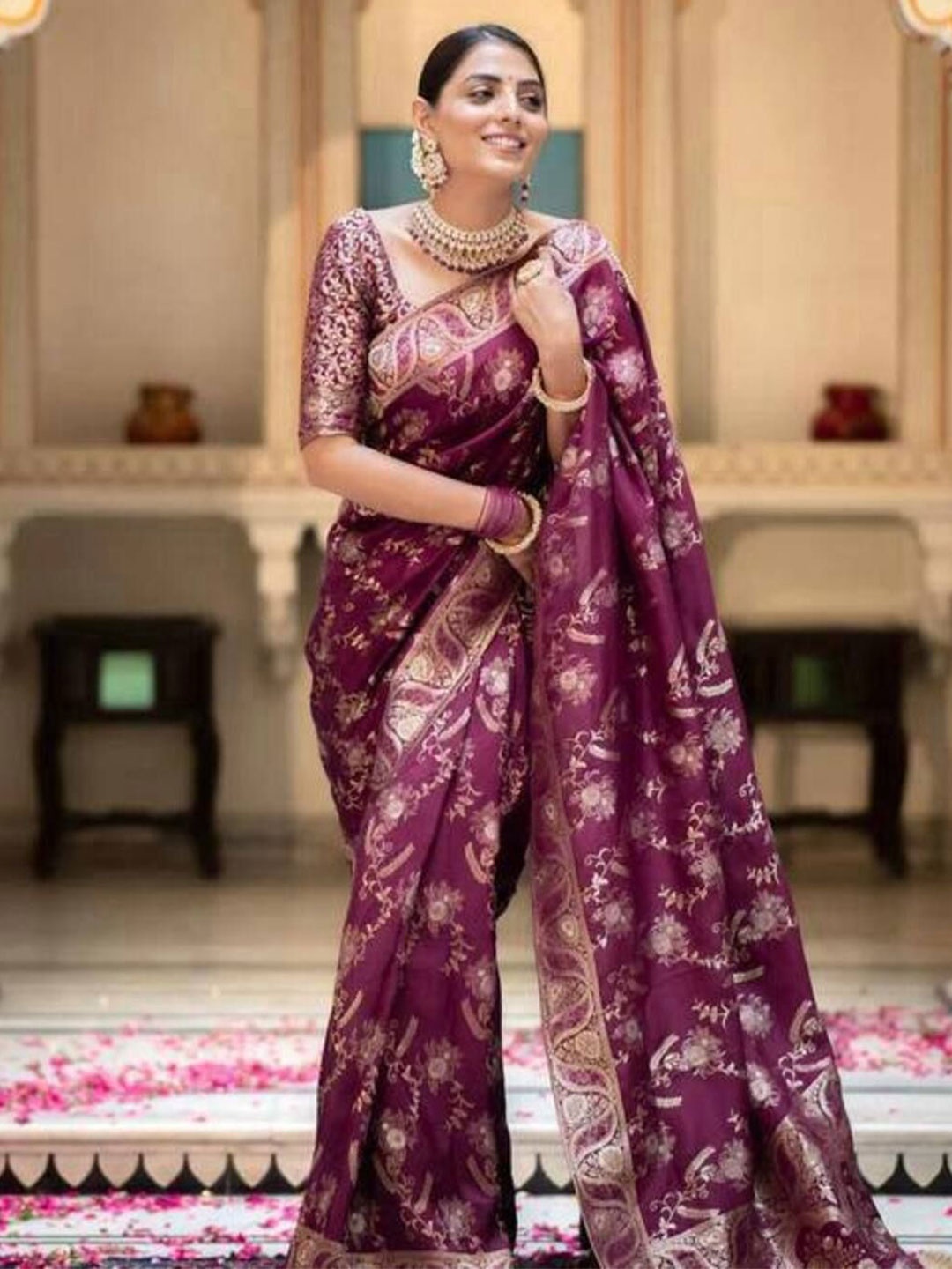 

Sitanjali Floral Zari Art Silk Chanderi Saree, Magenta