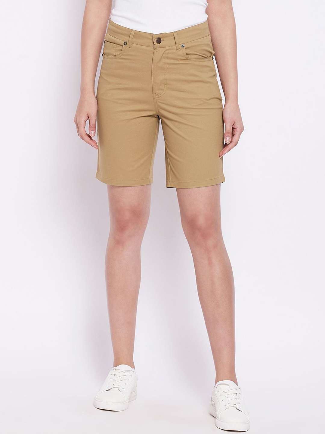 

Hypernation Women Slim Fit Mid Rise Shorts, Khaki