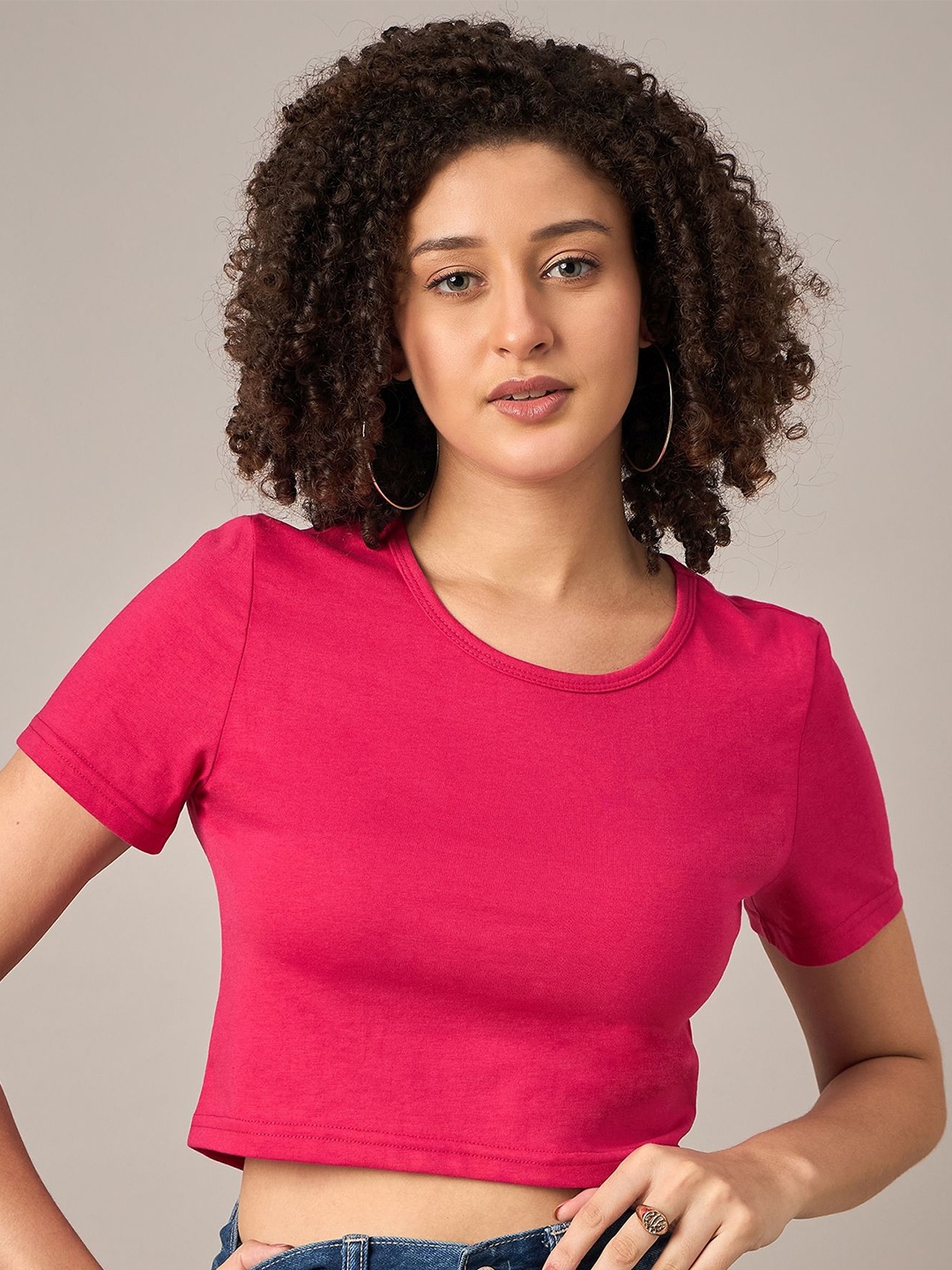 

The Roadster Lifestyle Co. Women Solid Round Neck Cotton T-shirt, Fuchsia