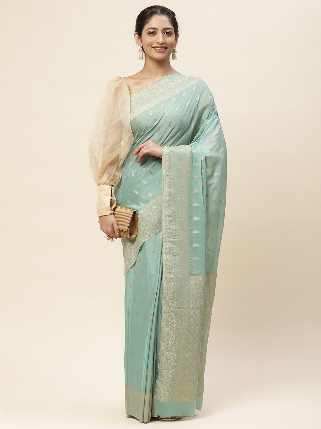 

Meena Bazaar Woven Design Zari Saree, Sea green