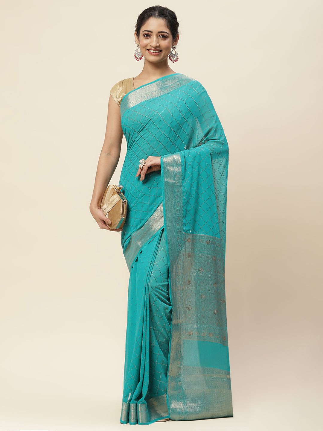

Meena Bazaar Checked Zari Saree, Blue