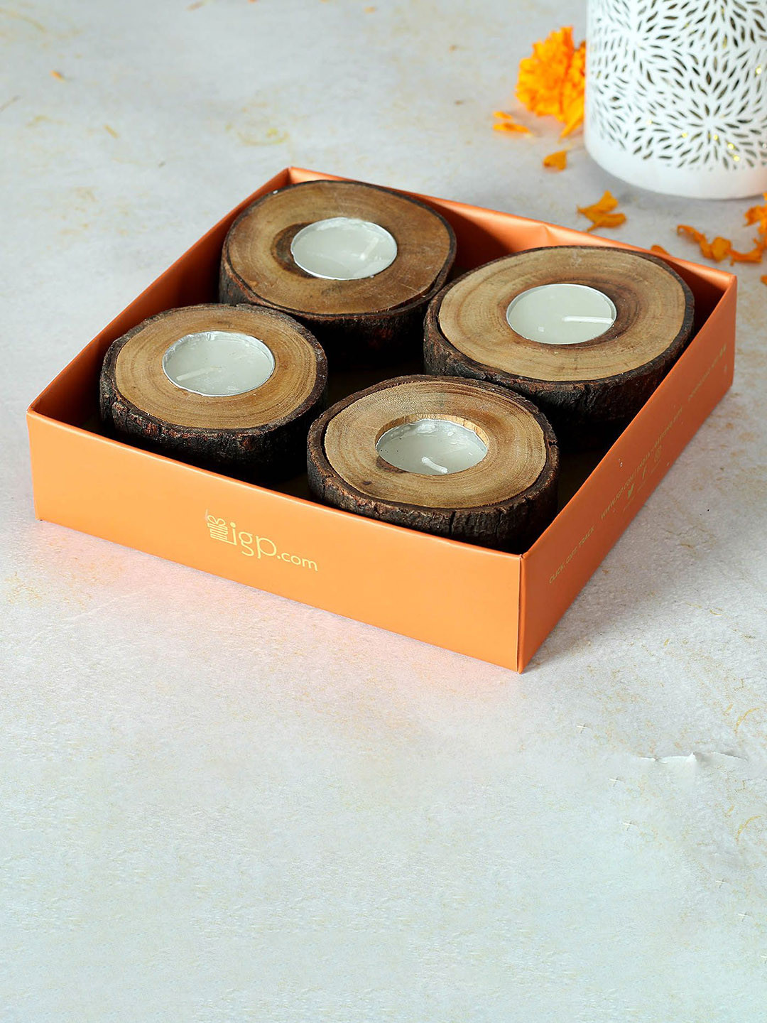 

IGP 4 Pcs Wooden Log Tea-light Candle Set, Brown