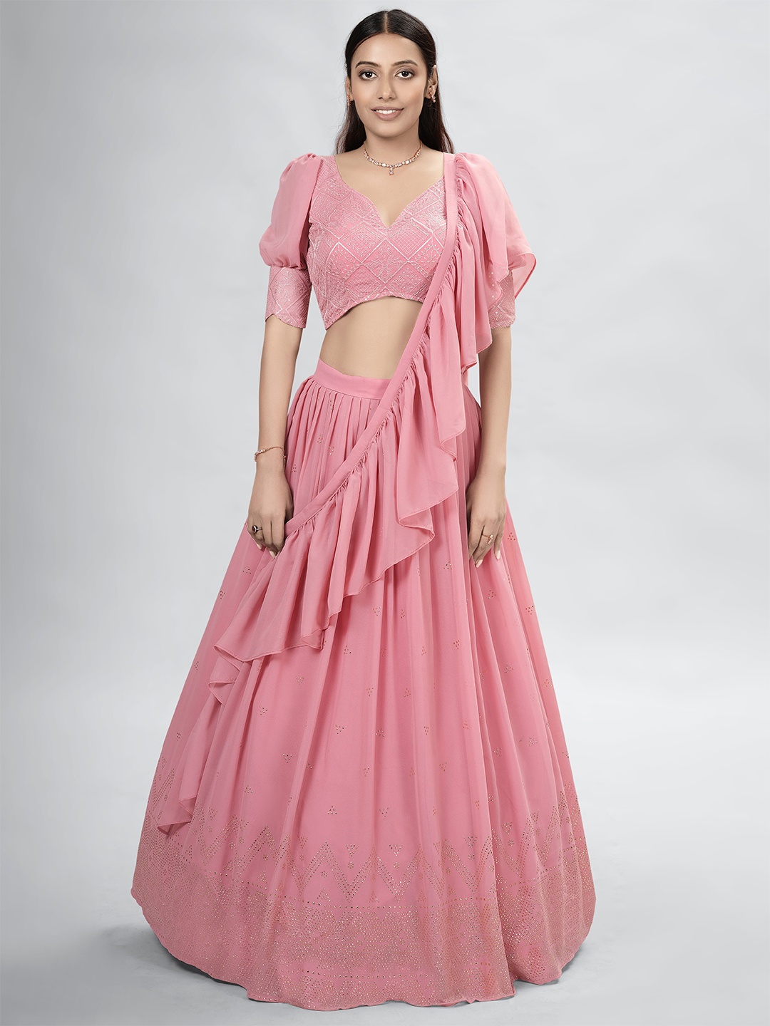 

Fusionic Embellished Thread Work Ready to Wear Lehenga & Blouse With Dupatta, Rose