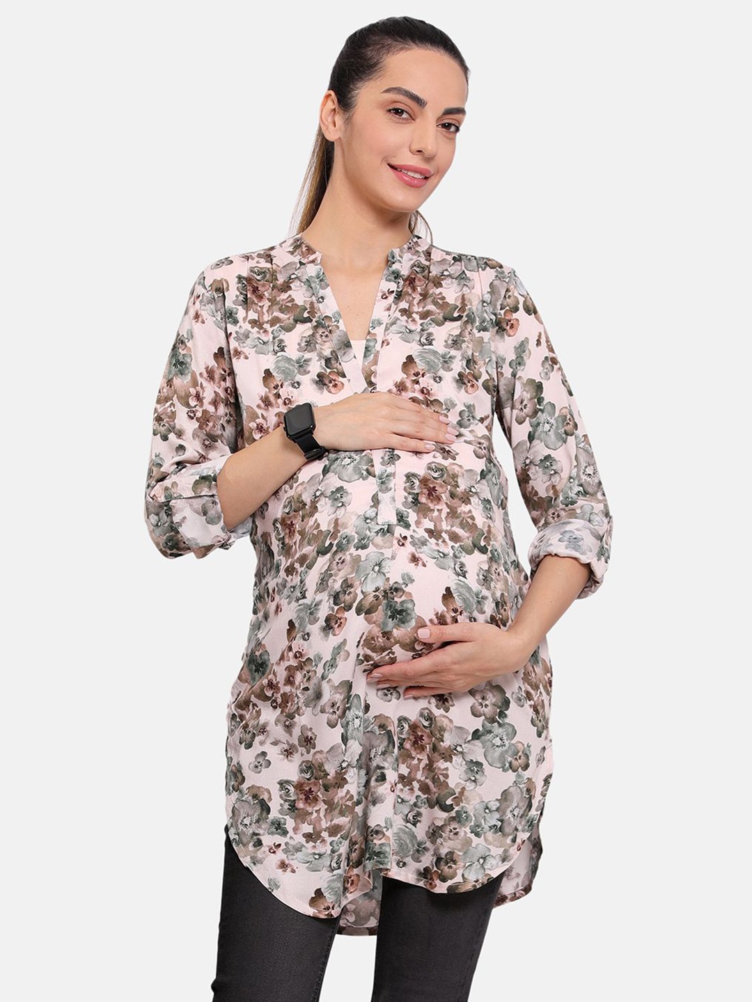 

MINI KLUB Women Floral Printed Mandarin Collar Roll-Up Sleeve Pure Cotton Maternity Top, Pink