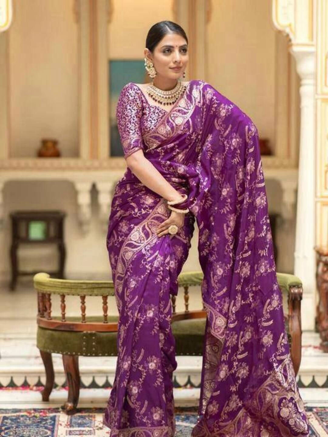 

Sitanjali Chanderi Art Silk Ethnic Motifs Zari Saree, Violet