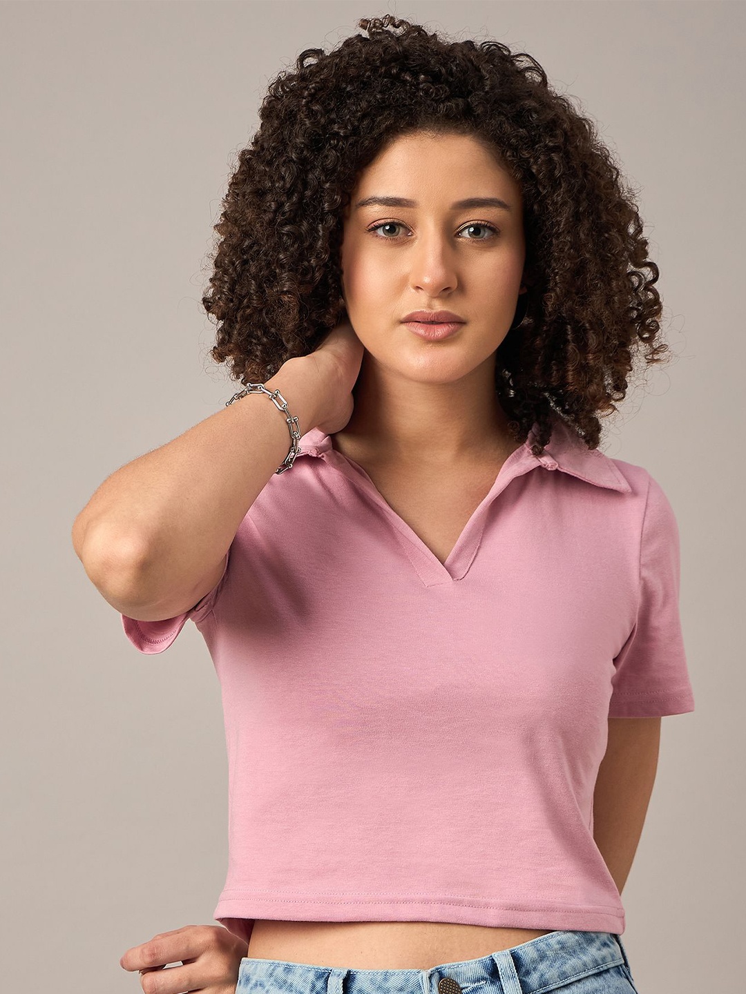 

The Roadster Lifestyle Co. Women Solid Polo Collar Cotton T-shirt, Pink