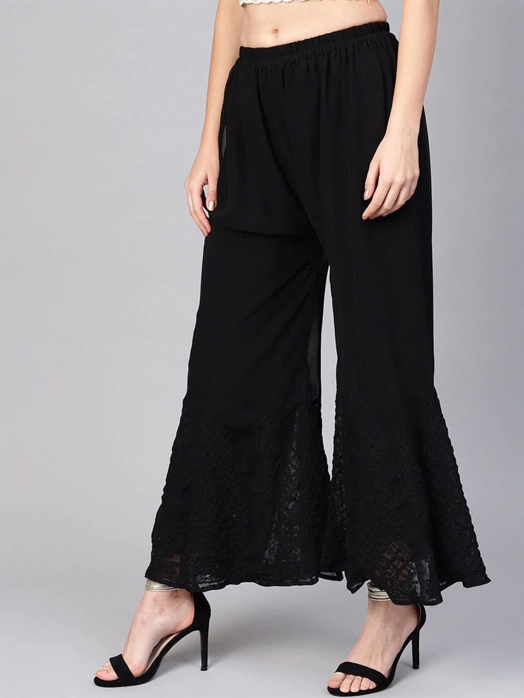 

KHAKA Women Floral Embroidered Mid Rise Flared Palazzos, Black