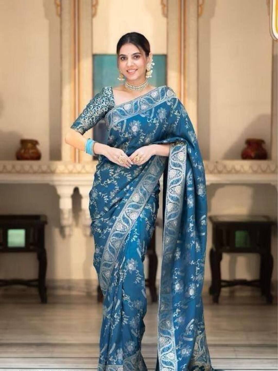 

SANJANA SILK Floral Zari Chanderi Saree, Teal