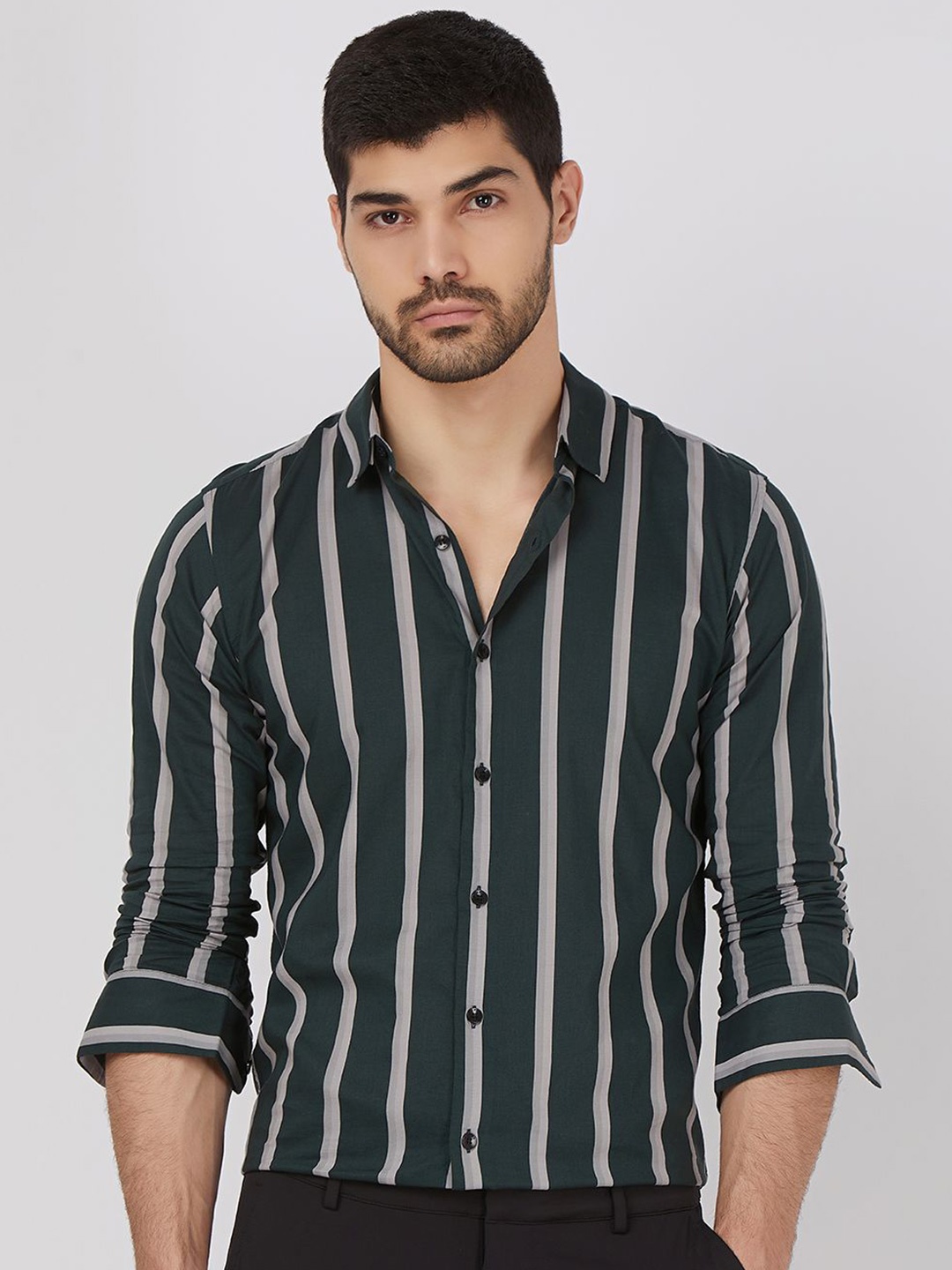 

Mufti Men Spread Collar Striped Cotton Slim Fit Casual Shirt, Green