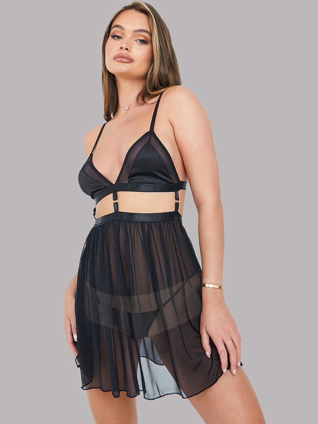 

VAGHBHATT Shoulder Straps Net Baby Doll, Black