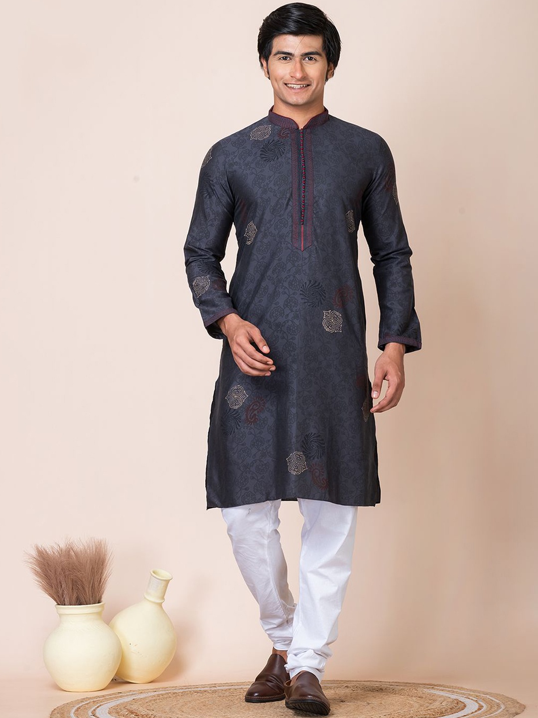 

HU - Handcrafted Uniquely Floral Block & Screen Printed Pure Silk Kurta with Churidar, Grey