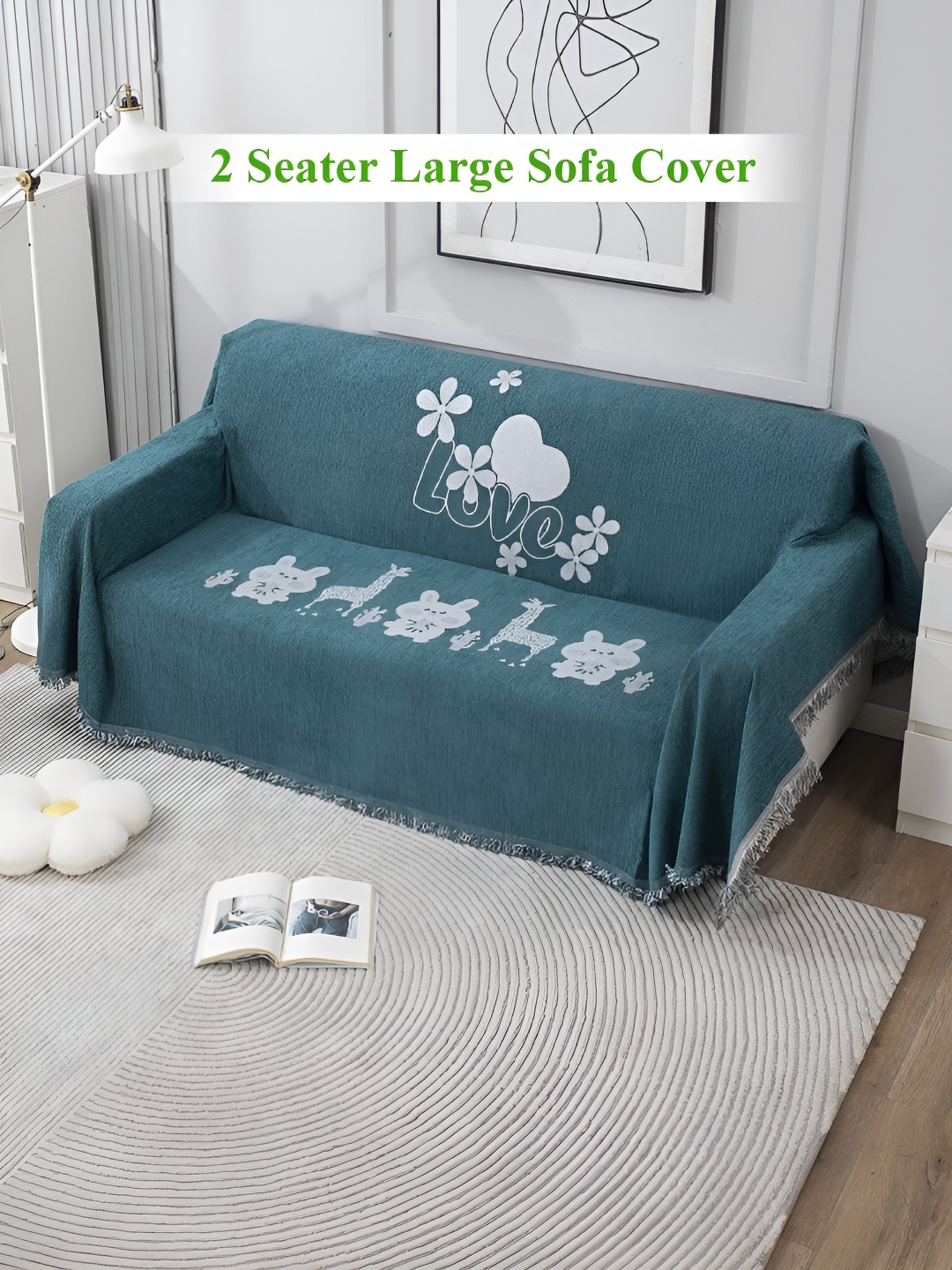 

HOKIPO Teal Green Floral Printed 2 Seater Sofa Throw Blanket
