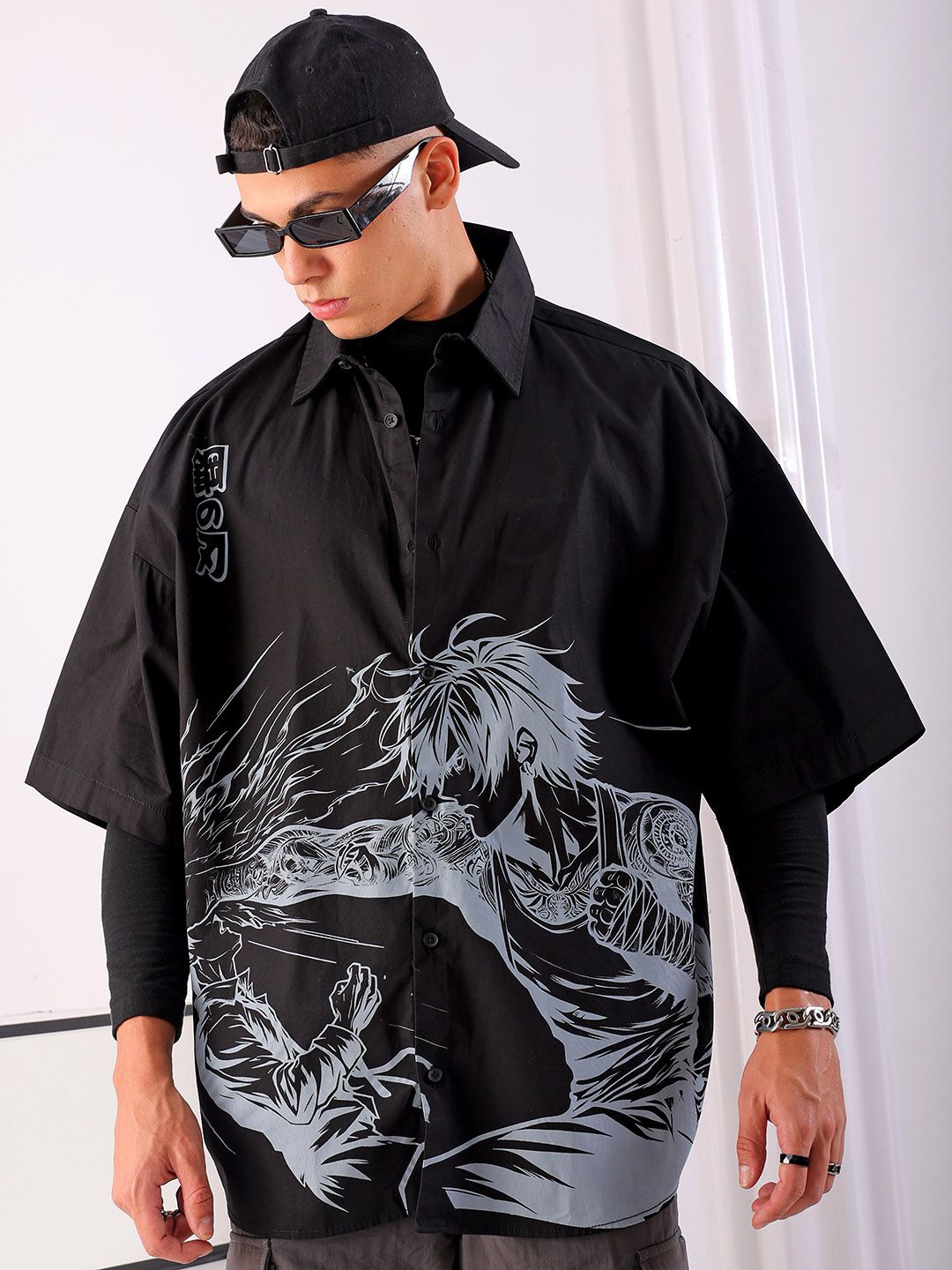 

The Indian Garage Co Men Anime Printed Cotton Oversized Boxy Streetwear Shirt, Black
