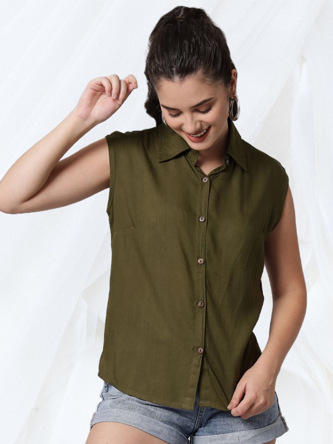 

Funday Fashion Women Spread Collar Solid Cotton Casual Shirt, Green
