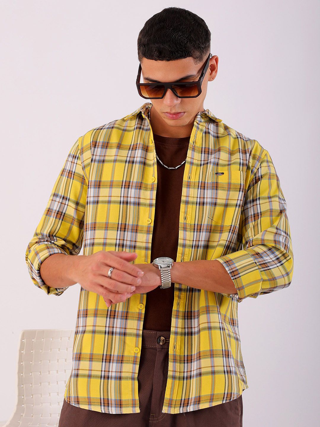 

The Indian Garage Co Men Spread Collar Tartan Checks Checked Cotton Slim Fit Casual Shirt, Yellow