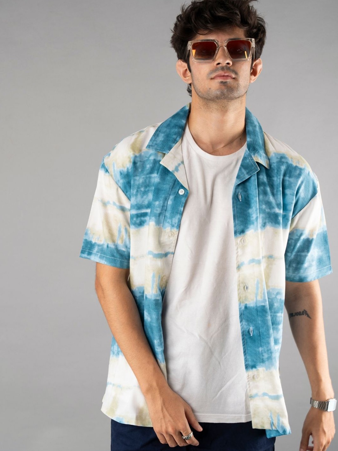 

PRONK Men Relaxed Cuban Collar Printed Cotton Relaxed Fit Casual Shirt, White