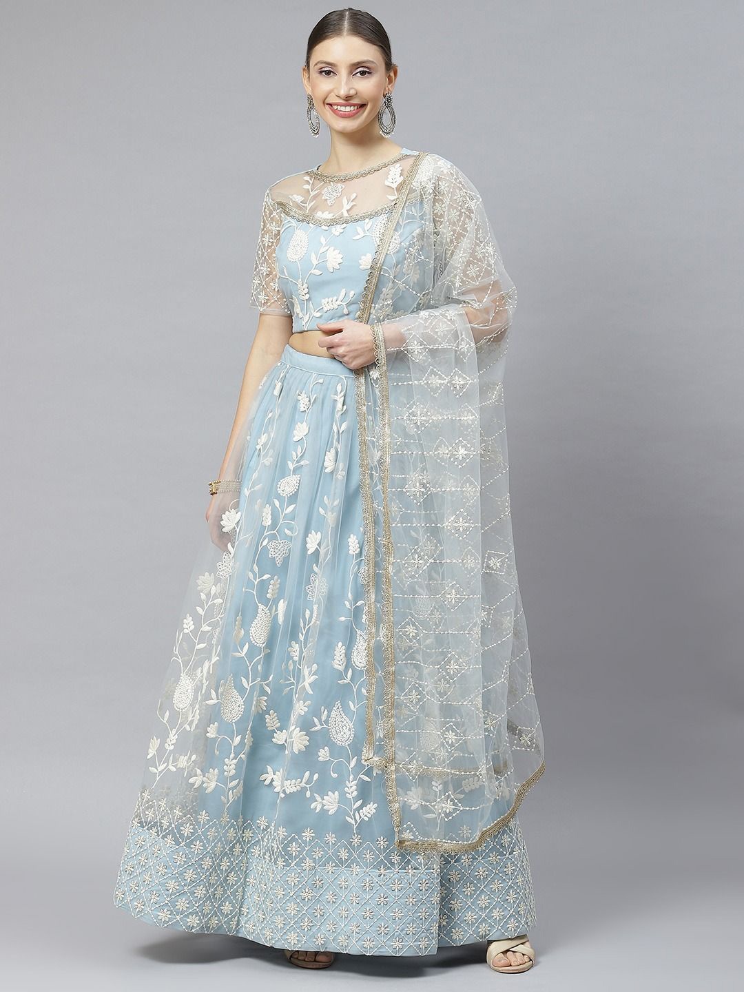 

FABPIXEL Embroidered Sequinned Net Semi-Stitched Lehenga & Unstitched Blouse With Dupatta, Blue