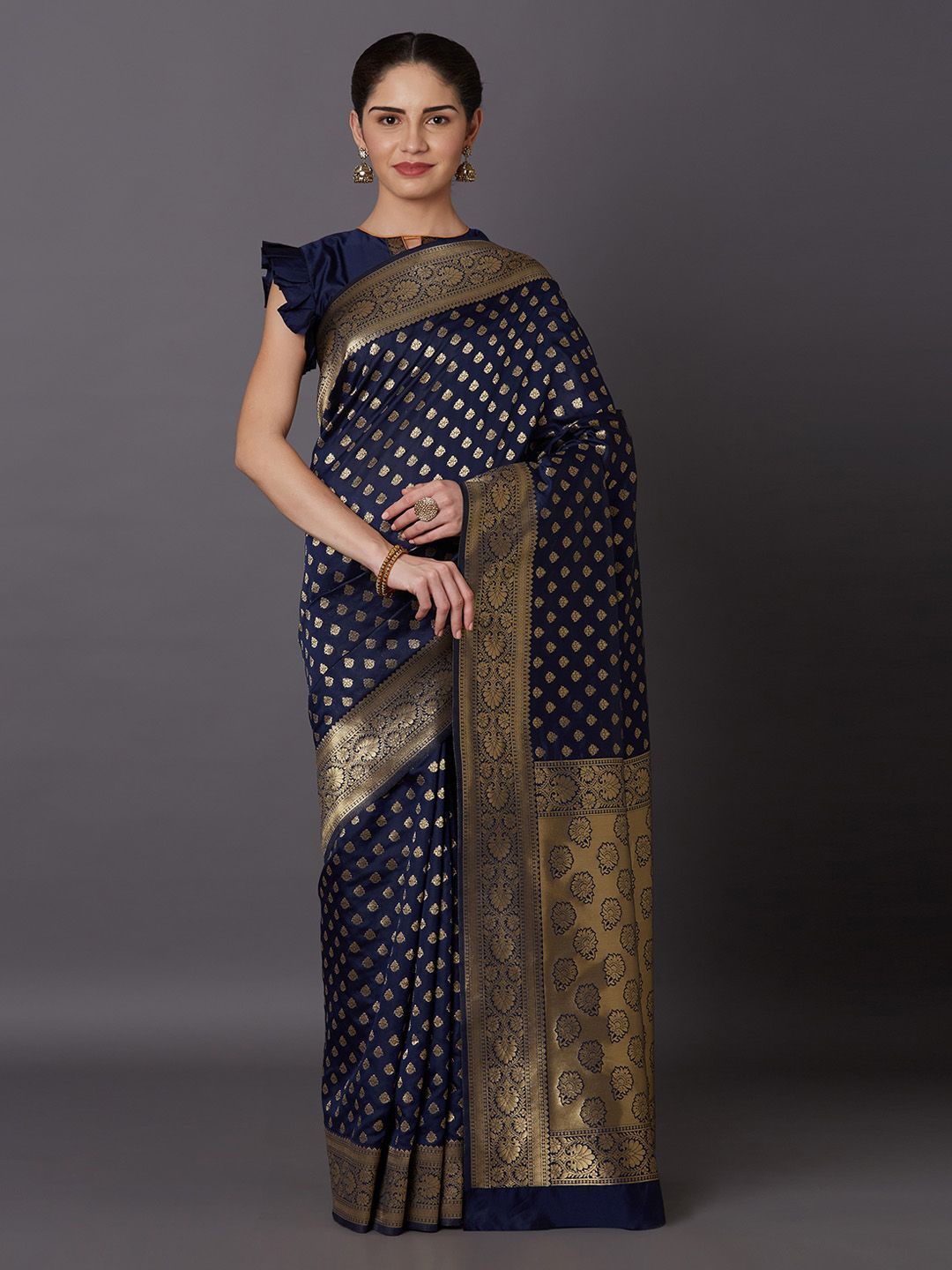 

LEAFFEB Woven Design Zari Pure Silk Banarasi Saree, Navy blue