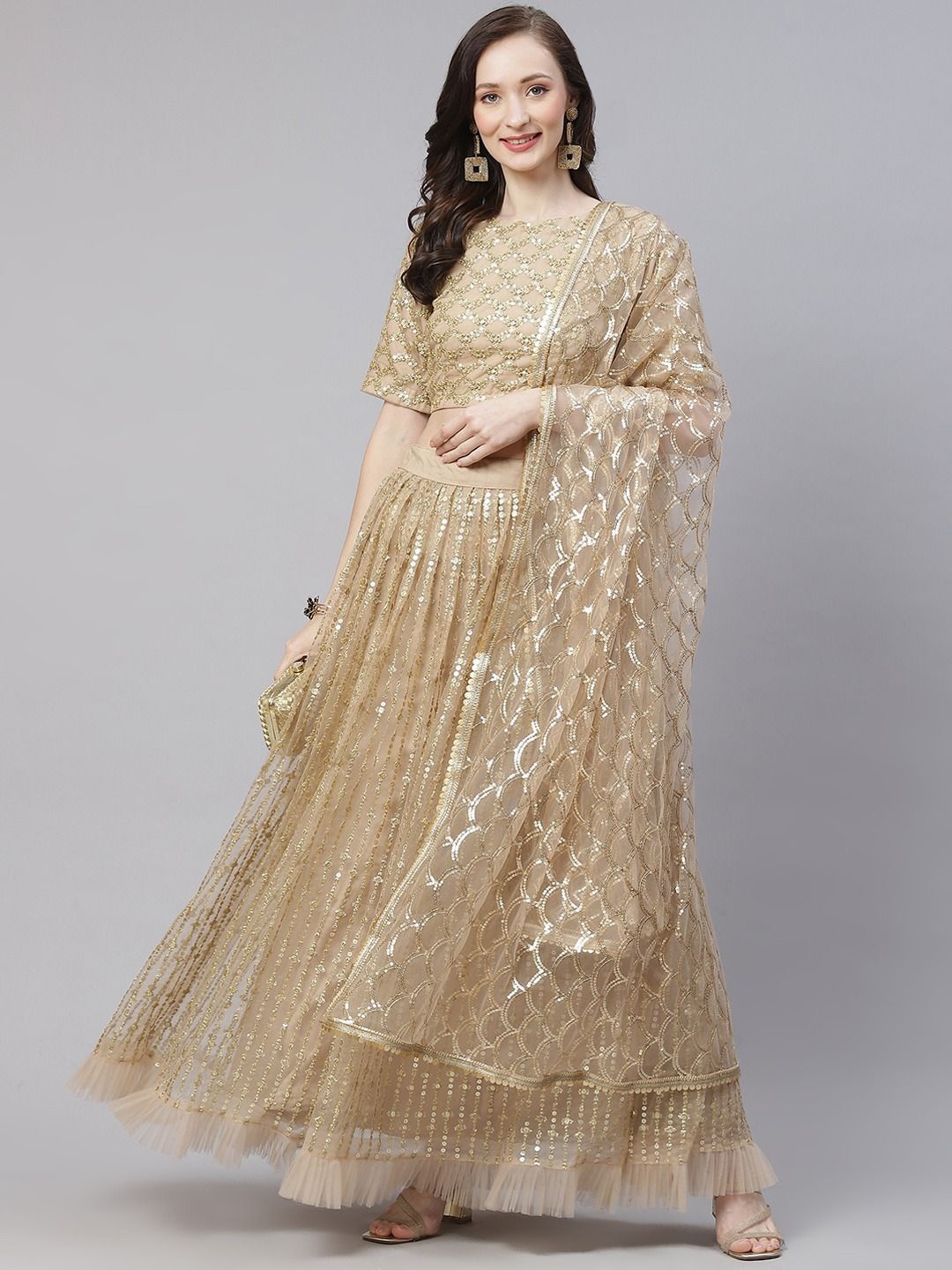

FABPIXEL Embroidered Sequinned Net Semi-Stitched Lehenga & Unstitched Blouse With Dupatta, Beige