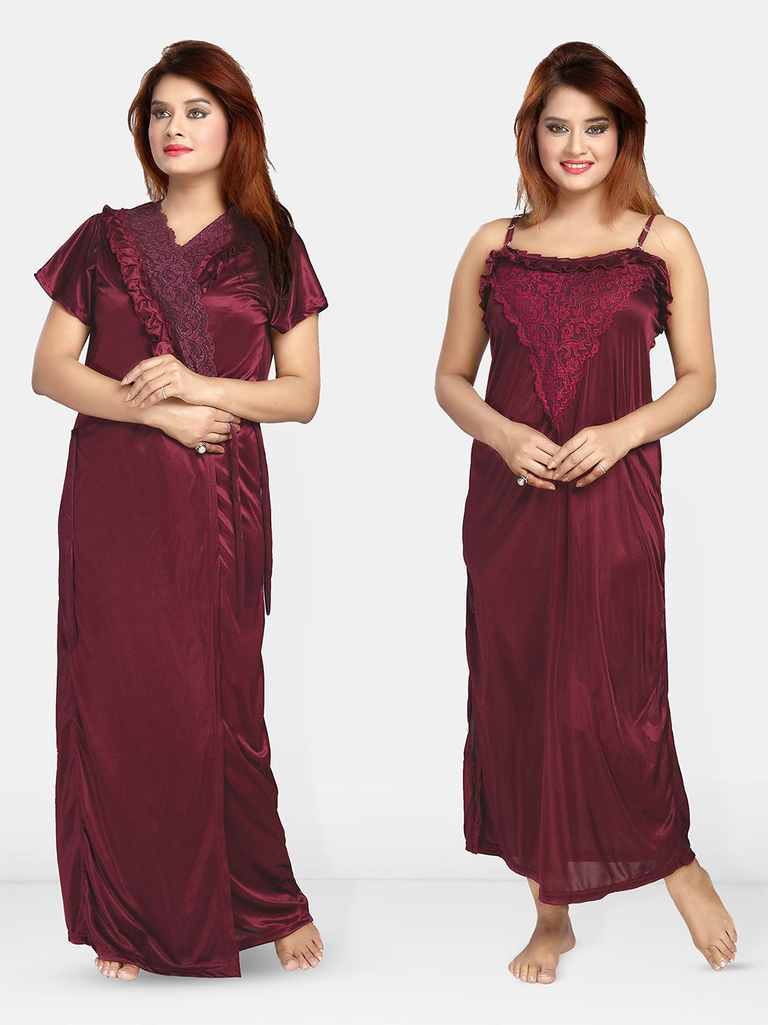 

Be You Women Self Design Maxi Nightdress with Robe, Maroon